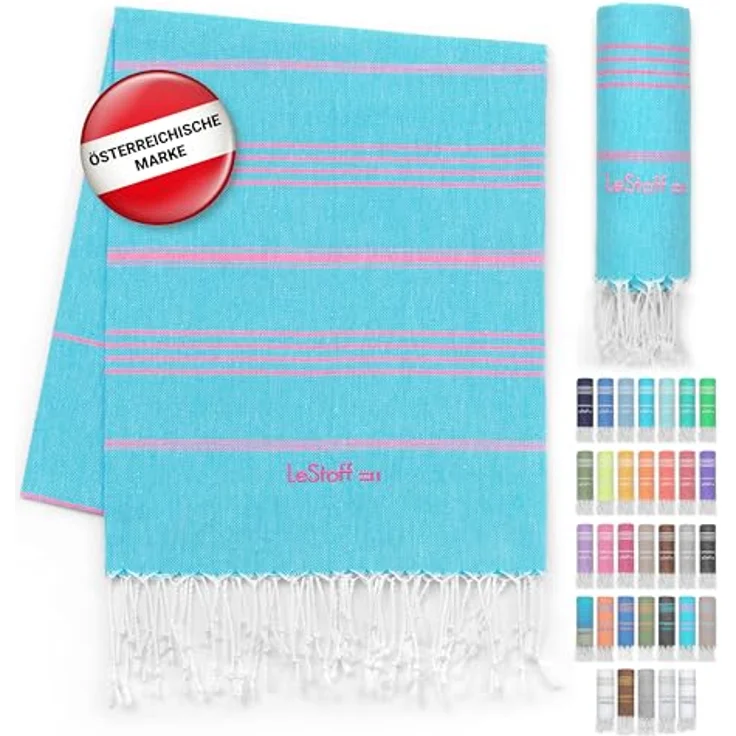LeStoff Hamamtuch Aqua-Pink, 100% Bio-Baumwolle, 95 x 180 cm, schnelltrocknend und saugstark, leicht und kompakt, sandfrei, vielseitig als Strand- und Reisehandtuch – Bild 1