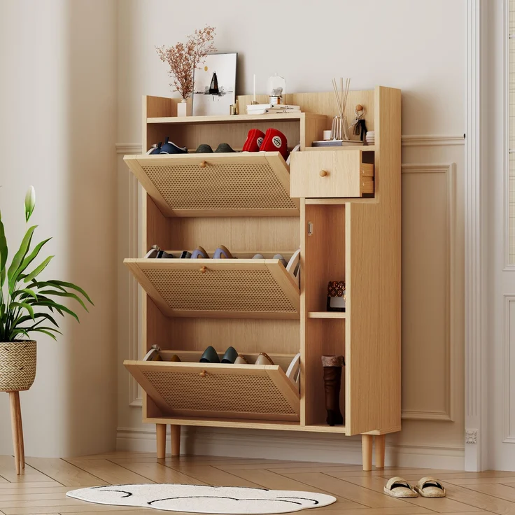 Merax Schmal Schuhschrank mit 3 Klappen, Rattan Schuhschrank Schuhkipper mit Schublade und Tür, Schuhkommode mit Verstellbarer Ablage, Naturbelassen – Bild 1