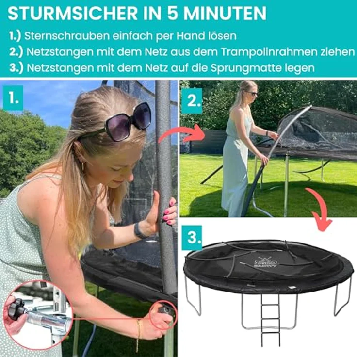 Zero Gravity Outdoor Trampolin Ø 427cm, TÜV-geprüftes Gartentrampolin inkl. Leiter und Aufbauvideo, sturmsicher mit gepolsterter Randabdeckung und Sicherheitsnetz – Bild 3