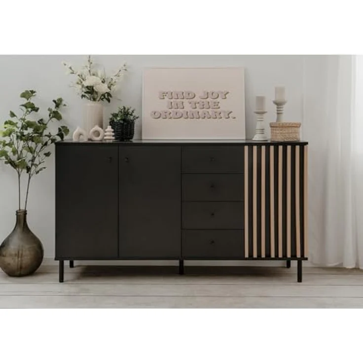 Livetastic Sideboard, Schwarz, Eiche Artisan, Metall, 2 Fächer, 4 Schubladen, 160x90x40 cm – Bild 9