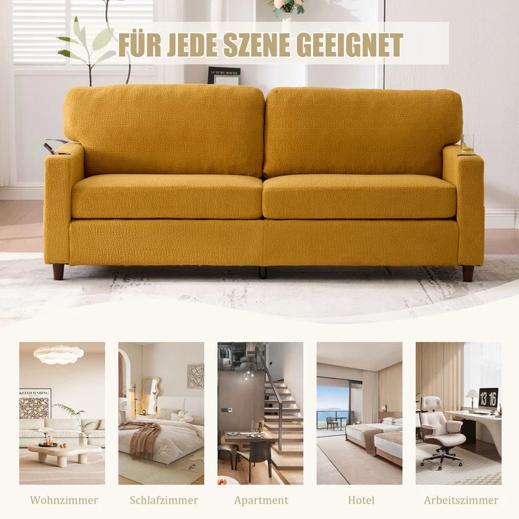 LVHOM 2-Sitzer Sofa mit USB&LED, Zweier Polstersofa Chenille Bezug, Loveseat mit Getränkehaltern, Doppelsofa Stoffsofa Loungesofa, Gelb – Bild 9