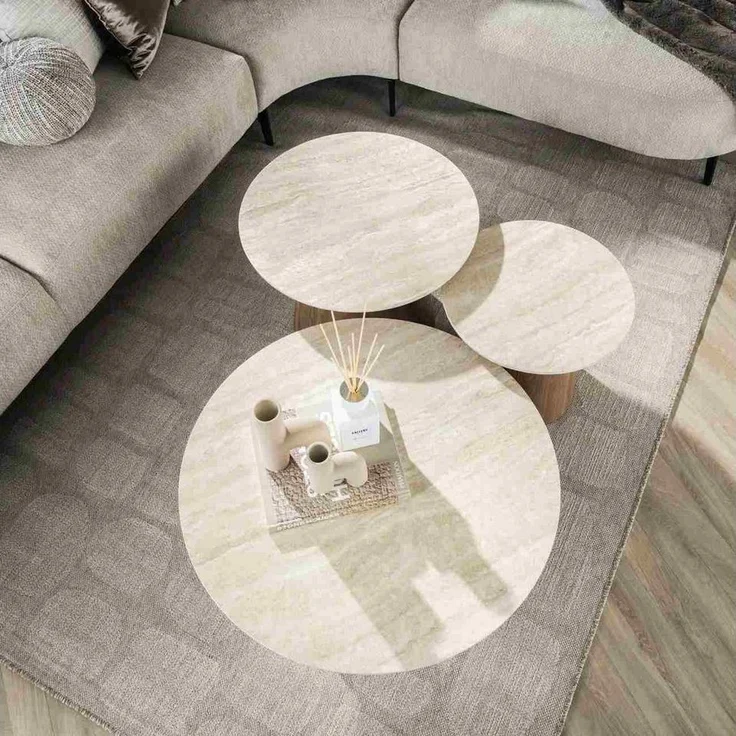 Feeling4Home Couchtisch 3er-Set Couchtisch Joradis - Keramik in Travertin-Optik, Rund, Luxuriöse Keramikplatte in Travertin-Optik, Schweizer Kante – Bild 3