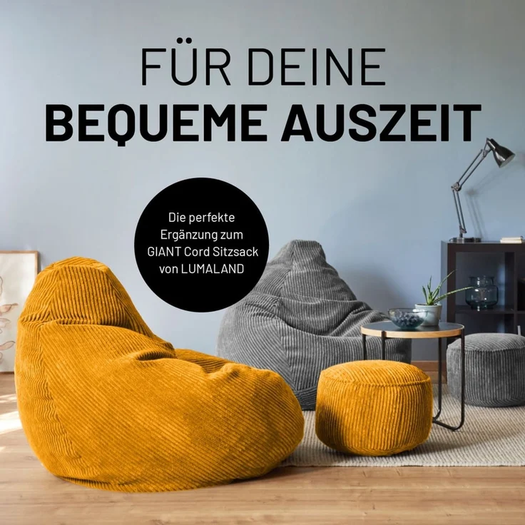 Lumaland Sitzsack Pouf aus Cord | Kompakter 50L Gaming Pouf mit 3-in-1-Funktion: bequemer Hocker, praktisches Tischchen & stylischer Indoor Fußschemel | Ø 25x45 cm [Senfgelb] – Bild 7