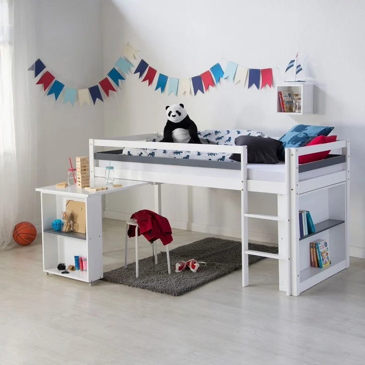 Homestyle4u Funktions-Halbhochbett mit Schreibtisch, Kiefernholz weiß, 90x200 cm – Bild 2