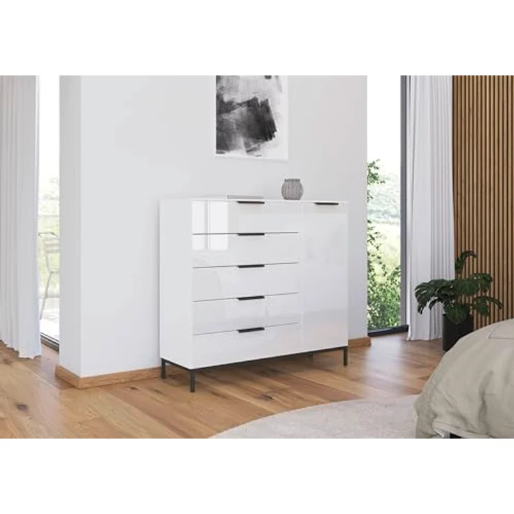 Rauch Möbel Flipp, Kommode mit Stauraum für Wohnzimmer, Schlafzimmer, 2 Fachböden, mit Metallkufe graphit, Alpinweiß/Glasfront Weiß, 1-türig, 5 Schubkästen, Griffe graphit, 120 x 111 x 42 cm – Bild 3