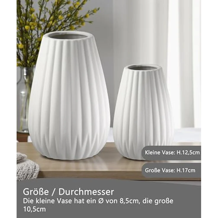 GILDE Deko Vasen Set 2-teilig, Matte Porzellan-Vasen in Weiß, Höhe 12,5/17 cm für Pampasgras und Tulpen, moderne Tischdekoration – Bild 4