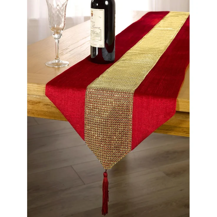 Emma Barclay ECLAT Tischläufer mit glitzernden Quasten, 33x183 cm, Rot und goldfarben – Bild 1