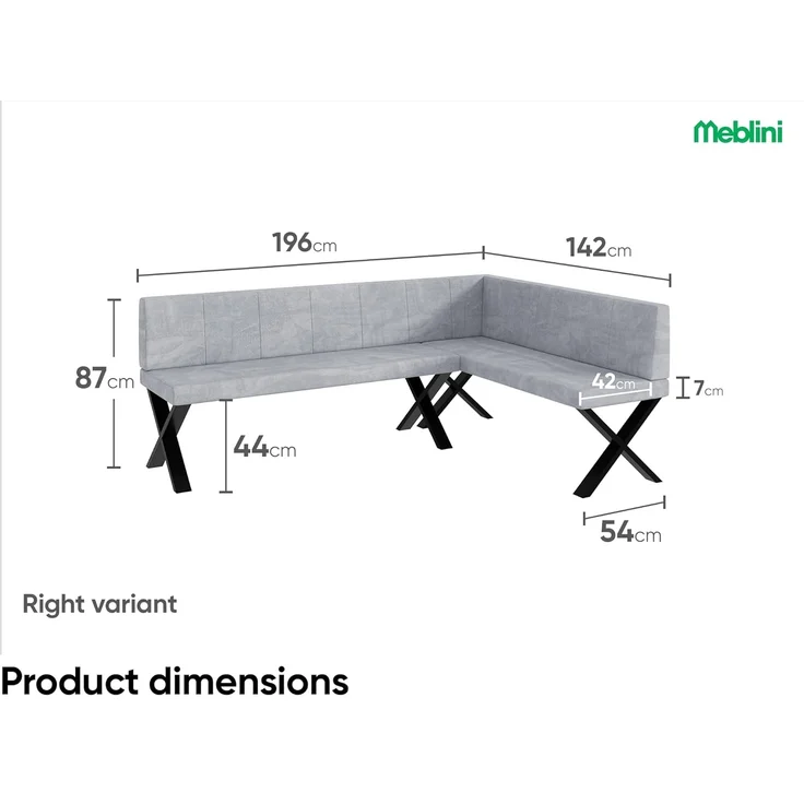 MEBLINI Eckbank für Esszimmer mit ausziehbarem Tisch - Küchenbank - Essecke - Sitzecke Küche - PETER - X-Beine 142x196x87cm Rechts - Hellgrau Samt/B Schwarz Hochgl. – Bild 3