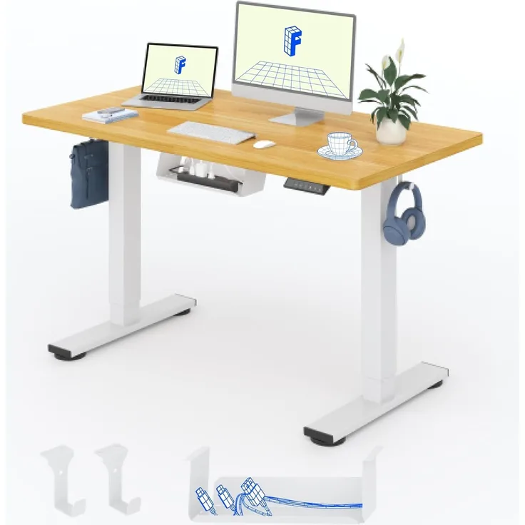 Flexispot EG1 Höhenverstellbarer Schreibtisch Elektrisch 2-Fach-Teleskop mit Tischplatte (Ahorn, Weiß Gestell, 120x60 cm)