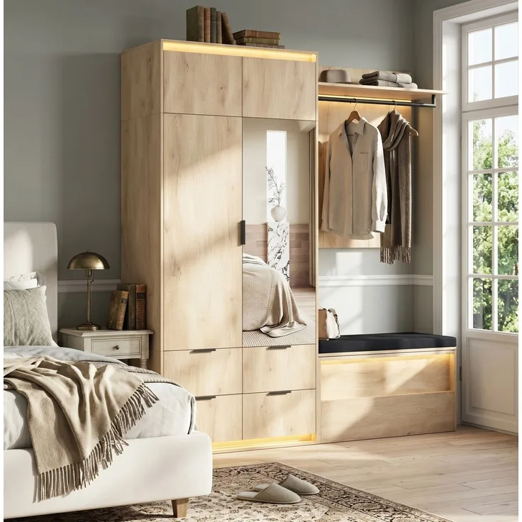 Garderoben-Set aus MDF mit LED-Beleuchtung, Spiegel und Sitzbank, 180x47x200 cm, Eiche/Anthrazit