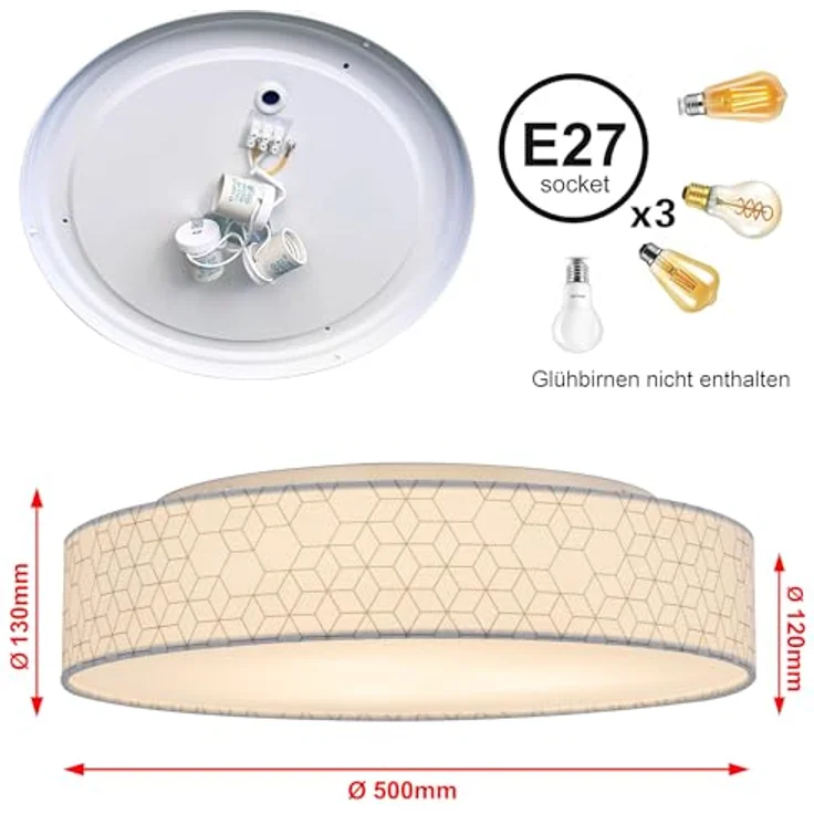 Zedelmaier Deckenlampe Stoff Rund 50cm E27x3 max. 40W Deckenleuchte Stoffschirm Wohnzimmer Schlafzimmer Küche Flur Kinderzimmer Lampe Decke Lampenschirm (Weiße Würfel,Ø50x13cm) – Bild 6