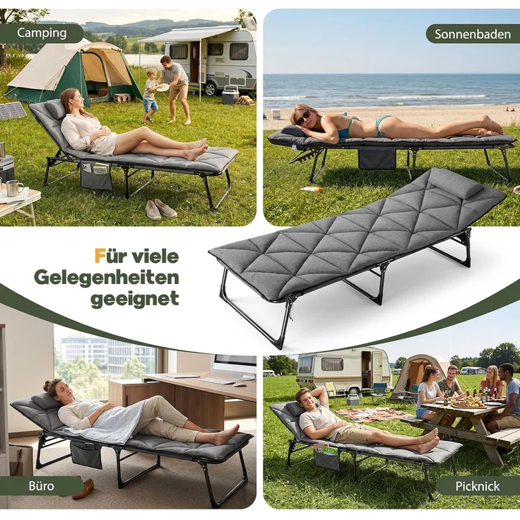 Sekey 6-Fach Verstellbar Campingbett 190 cm Feldbett Klappbar mit Matratze und befestigbarem Kopfkissen, Grau – Bild 7