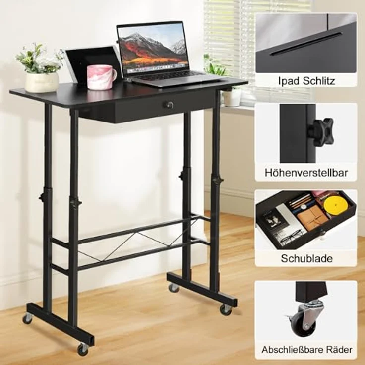 GTPLAYER Höhenverstellbarer Schreibtisch, Computertisch Laptoptisch mit Schubladen,Tisch höhenverstellbar 80 * 50*(73-115) cm, Standing Desk mit Rollen – Bild 7