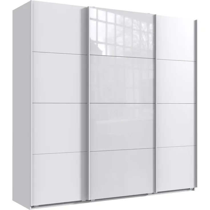 Schwebetürenschrank Kleiderschrank B225 cm extra H236 cm 3-türig. Weiß, 1x Tür Glas Weiß