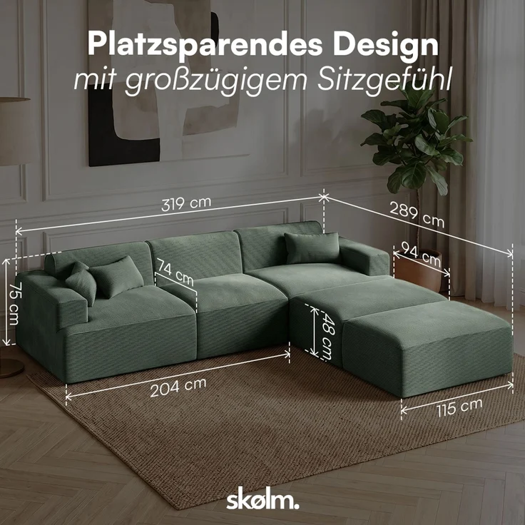 skølm 'Freki' Cloud Sofa 3 Sitzer mit 2x Hocker, Vollschaumcouch mit Federkern und Vakuum-Kompression, kein Aufbau erforderlich, mit 3 Kissen, Cord dunkelgrün – Bild 6
