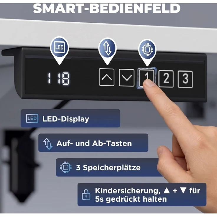 Schreibtisch 140x60x72–118 cm, elektrisch höhenverstellbar, mit Memory-Funktion und Kabeldurchlässen – Bild 4