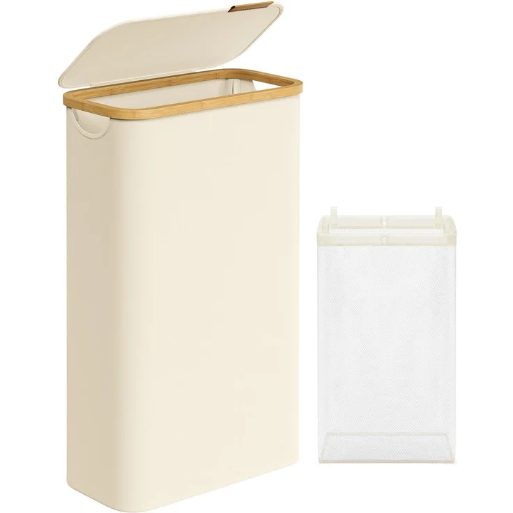 SONGMICS Wäschekorb mit Deckel und herausnehmbarem Wäschesack, zusammenklappbar, Bambus / Oxford-Gewebe cremeweiß, 65 l – Bild 1