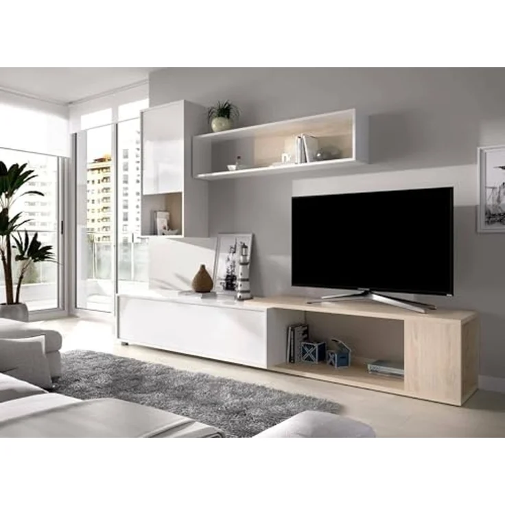 Dmora - Wohnwand Denali, modulares Eck-Wohnzimmerset, Multipositions-Wohnzimmermöbel, 230 x 41 x 180 cm, Weiß und Eiche – Bild 7