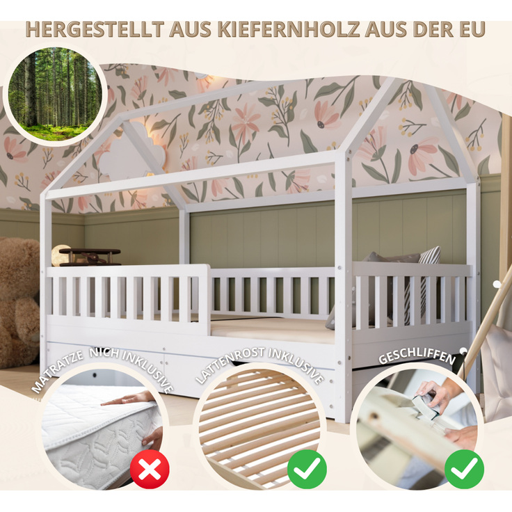 Crazy Pine 'Crazy Blanco' Hausbett mit Rausfallschutz, Skandinavisches Design, Naturholz, Weiß, 100x190 cm, mit Schubladen – Bild 4