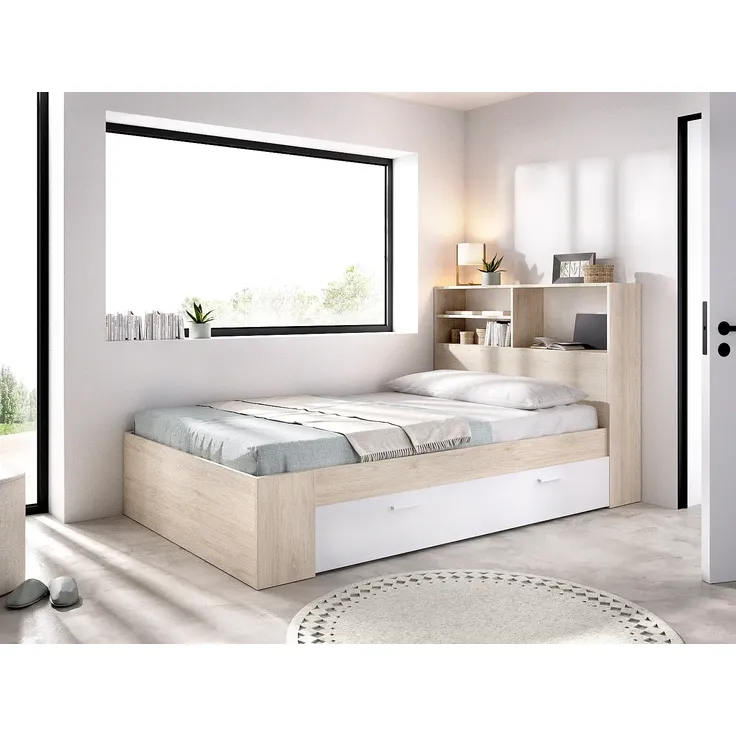 Vente-unique - VARDIEL Bett Holz, Platte BeigeWeiß - B 127,4 cm x H 110 cm x L 217,6 cm