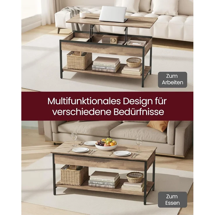 VASAGLE Couchtisch, höhenverstellbar, mit offenem Fach und versteckten Fächern, Holz/Metall Kamelbraun-tintenschwarz, 50x100 cm – Bild 5
