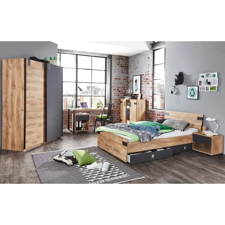 Jugendzimmer EVERTON-43 mit Schwebetürenschrank 180cm, Bett 140cm, Kommode 124cm und Schreibtisch