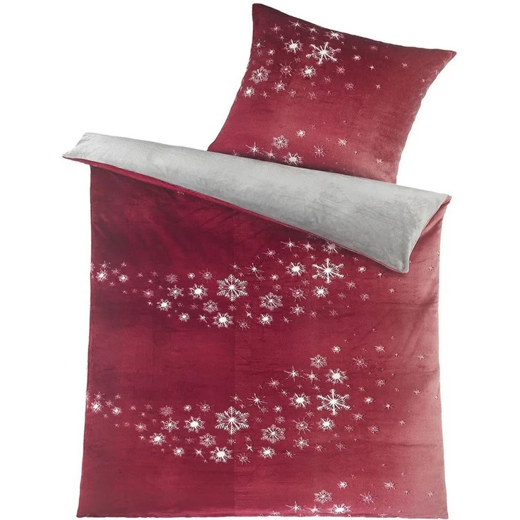 KH-Haushaltshandel Bettwäsche Winter Wende Bettwäsche Cashmere Touch Fleece, 135x200+80x80cm, Fleece, 2 teilig, rot Sterne + uni grau, Plüsch Nicky, Teddy, weich, warm, fluffig