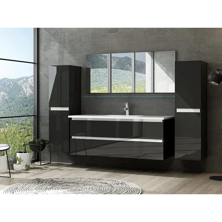 Homeline Badmöbel Set mit Schubladen Glas ablage (Marcel Schwarz, 120 cm Einzelbecken 1x Hochschrank) – Bild 1