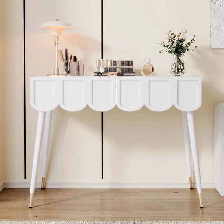 Schminktisch, Frisiertisch, mit 2 Schubladen, Metallfüße, weiß, Maße: B100 × T40× H76 cm--Weiß--100x40x76cm--YOUDENOVA – Bild 3