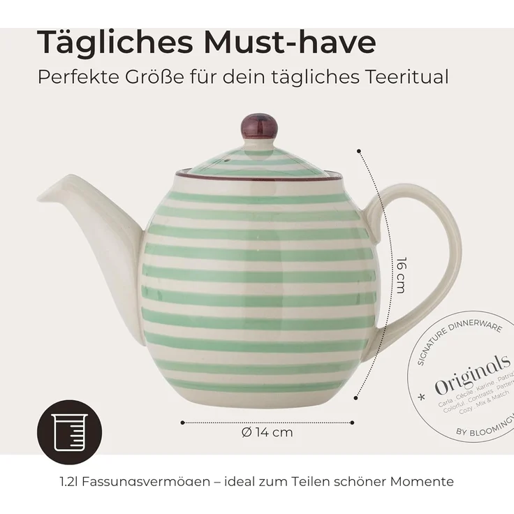 Bloomingville Teekanne Patrizia, green 1,2L Keramik Teekännchen gestreift dänisches Design – Bild 3