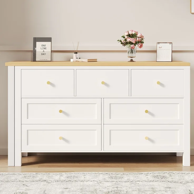 Schreibtisch mit 7-Schubladen Kommode -2-in-1 Drehwerkbank und Sideboard, Eichenoptik, 360° drehbare Tischplatte, weiß / natur, Schreibtisch, Frisiertisch, L-förmiger Eckschreibtisch