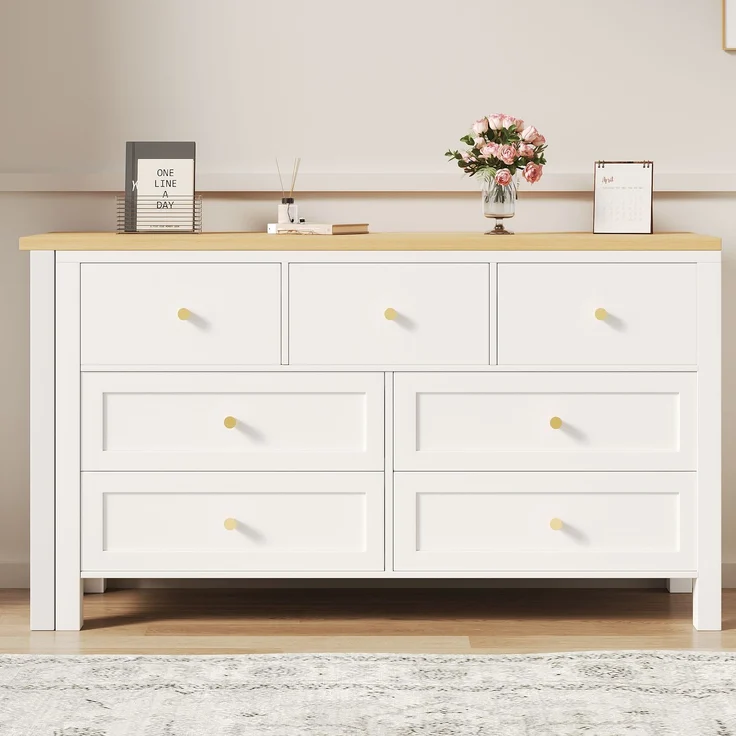 Schreibtisch mit 7-Schubladen Kommode -2-in-1 Drehwerkbank und Sideboard, Eichenoptik, 360° drehbare Tischplatte, weiß / natur, Schreibtisch, Frisiertisch, L-förmiger Eckschreibtisch – Bild 1