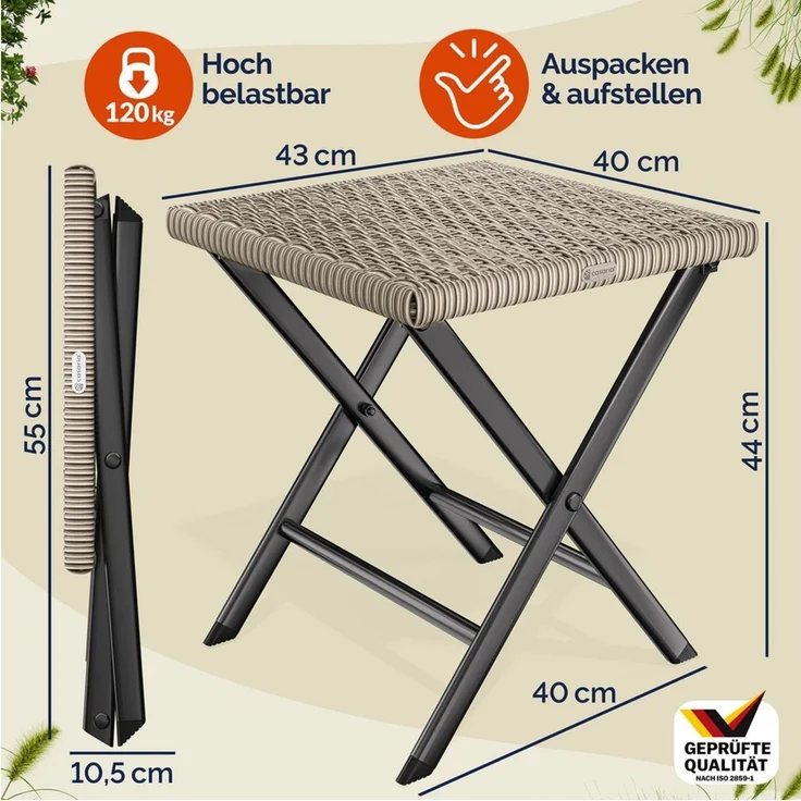 Casaria® Polyrattan Klapphocker 75kg Belastbarkeit 44 x 40 x 44 cm Klappbar Leicht Tragbar Wetterfest Garten Terrasse Balkon Camping Hocker Stuhl Creme – Bild 3