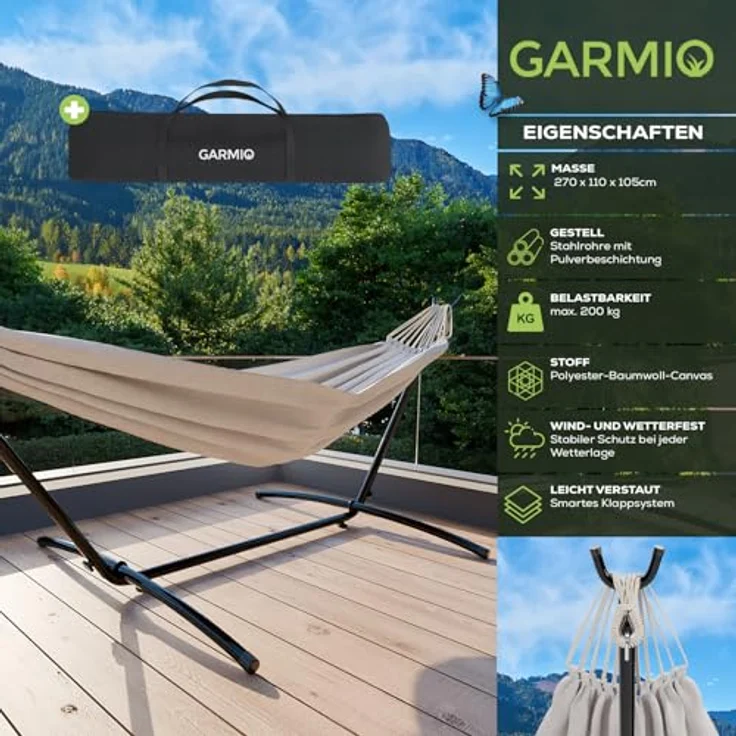 GARMIO Hängematte mit Gestell, 200kg Belastbarkeit, klappbar, inklusive Tragetasche und Zubehör, in Beige, 270x110x105cm – Bild 2