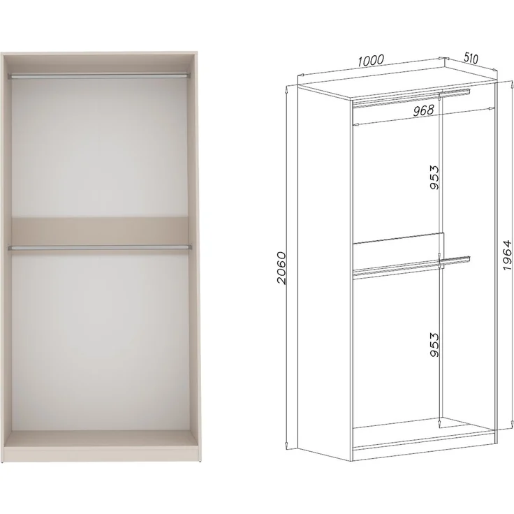 Marmex Möbel Tres Set-P/N Großer, hoher, offener Kleiderschrank mit Aufsatz, Einbauschrank über Eck mit Regalen und Kleiderstangen, laminierte Spanplatte, graubeige cashmere 190/111x246x51 cm – Bild 5