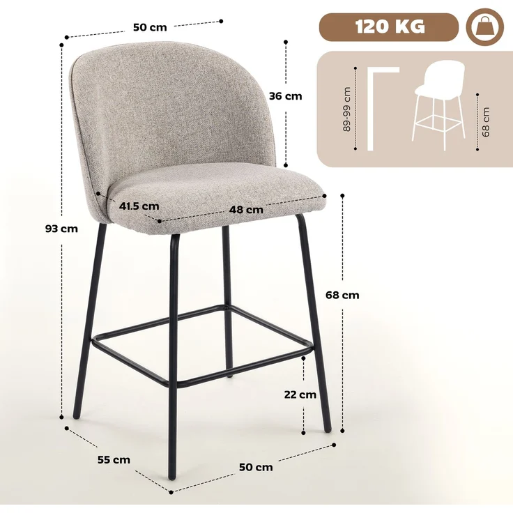 Set mit 2 Barhockern mit Rückenlehne und Fußstütze, Stoffbezug und Stahlbeinen, grau – Bild 5