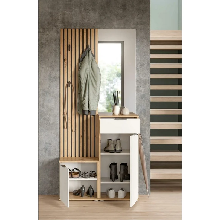 moebel-dich-auf Kompaktgarderobe EASY (Paneel + Bank + Spiegel + Schuhschrank, in 2 Farbvarianten, Lamellenoptik) 88 cm breit – Bild 2
