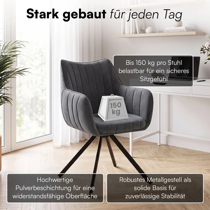 skølm 'Gymir' Esszimmerstühle, 2er Set, anthrazit, gepolsterter Leinenbezug mit Kanalsteppung, drehbar & höhenverstellbar, Polsterstühle mit Armlehnen, bis 150 kg belastbar – Bild 4