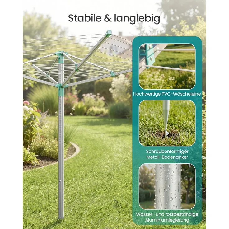 SONGMICS Wäschespinne, höhenverstellbarer, 60 m Wäscheleine, für 6 Waschladungen, draußen, silbern-grün – Bild 4