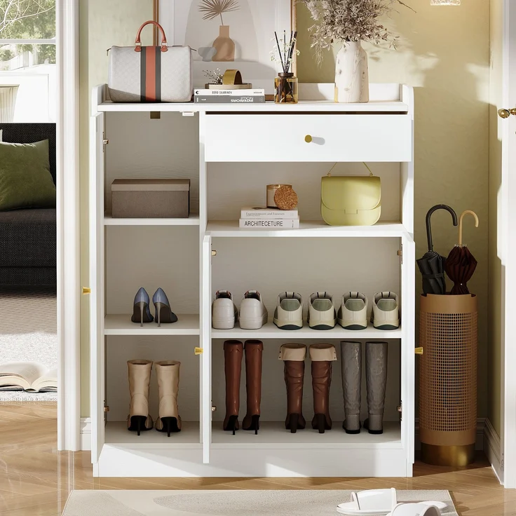 Rattan Schuhschrank / Aufbewahrungsschrank mit Stauraum, 1 Schublade, 3 Türen mit verstellbaren Regalen, für Eingangsbereich, Esszimmer und Flur, Weiß + Holz, Maße: 90 x 35 x 110 cm--Weiß+Natur--90x35x110cm--YOUDENOVA – Bild 6