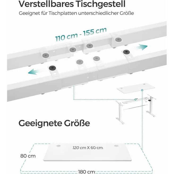 Songmics Höhenverstellbarer Schreibtisch elektrisch, Tischgestell, Schreibtischständer mit Motor, stufenlos verstellbar, 140x70 x (73-114) cm, Stahl, weiß LSD012W01 – Bild 7