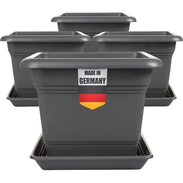 2friends Pflanzkübel 4er Set Anthrazit Pflanzkübel Eckig Blumentopf mit Untersetzer (28T x 28B x 22H cm), Stabile Kübel mit Ablaufsystem für Balkon & Garten – Bild 1