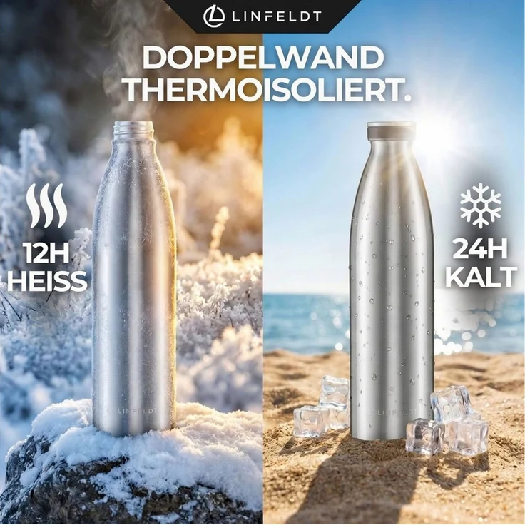 LINFELDT Trinkflasche 1L Trinkflasche Edelstahl Isoliert 24H Auslaufsicher + Sprudel, Edelstahl (Kohlensäure geeignet) – Bild 3