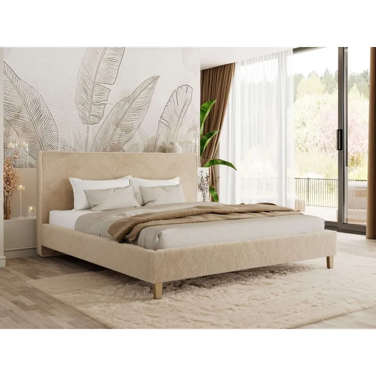Design Polsterbett LUMARO CLASSIC 180x200 cm mit Lattenrost & 12cm hohen Füßen, Doppelbett mit Kopfteil, Konfigurierbar, Pocket Matratze - Beige Plüsch - VIRE LUX