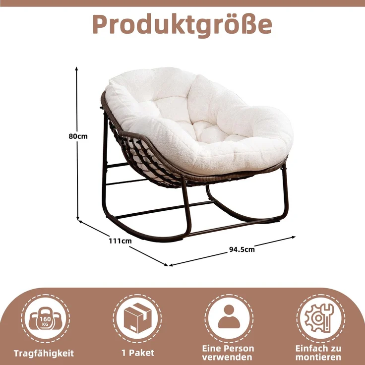LVHOM Schaukelstuhl mit gepolstertem Kissen, Rattanstuhl mit Stahlrahmen, Lounge Sessel, Schaukelsessel, 1 St, für Balkon/Garten/Wohnzimmer/Schlafzimmer – Bild 3