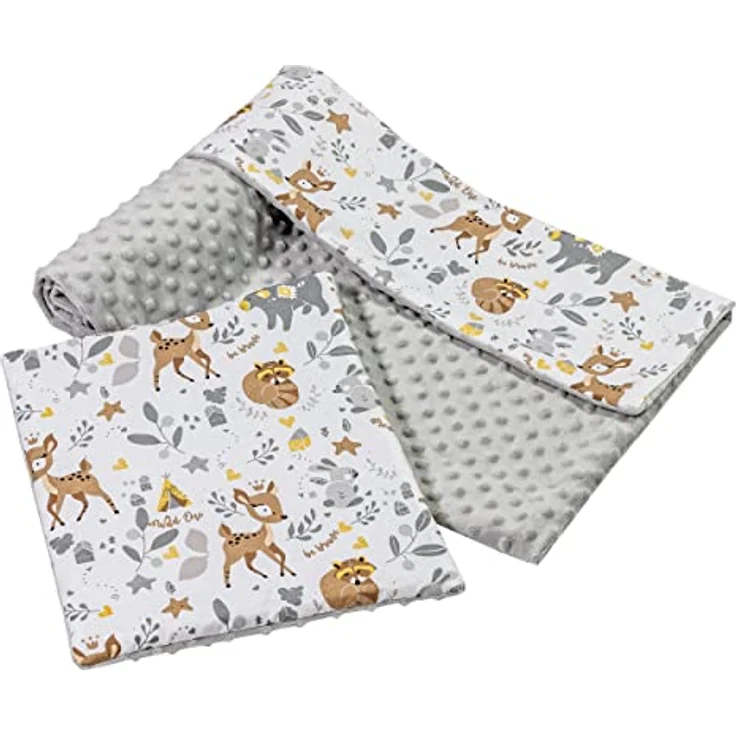 Babydecke Krabbeldecke mit Kissen 100% Baumwolle Minky Kinderdecke groß zweiseitig 75x100 + 35x30cm multifunktional für Bett Kinderwagen Medi Partners (REH mit grauem Minky) – Bild 2