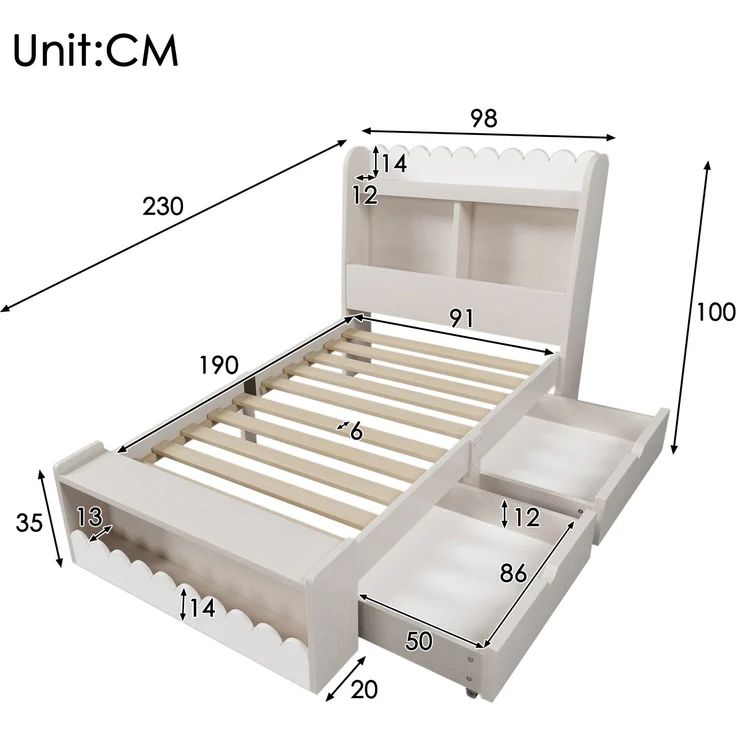 Kinderbett / Einzelbett Stauraumbett 230×98×100 cm (L×B×H) – Massivholz & MDF mit Lattenrost, Liegefläche 90×190 cm, Weiß + Light Oak – Bild 8