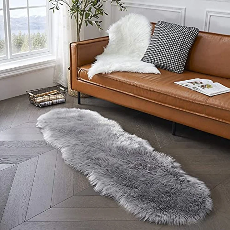 HLZDH Faux Lammfell Schaffell Teppich Kunstfell Dekofell in Super weich Lammfellimitat Teppich Longhair Fell Optik Nachahmung Wolle Bettvorleger Sofa Matte(60x160 cm, Grau) – Bild 8