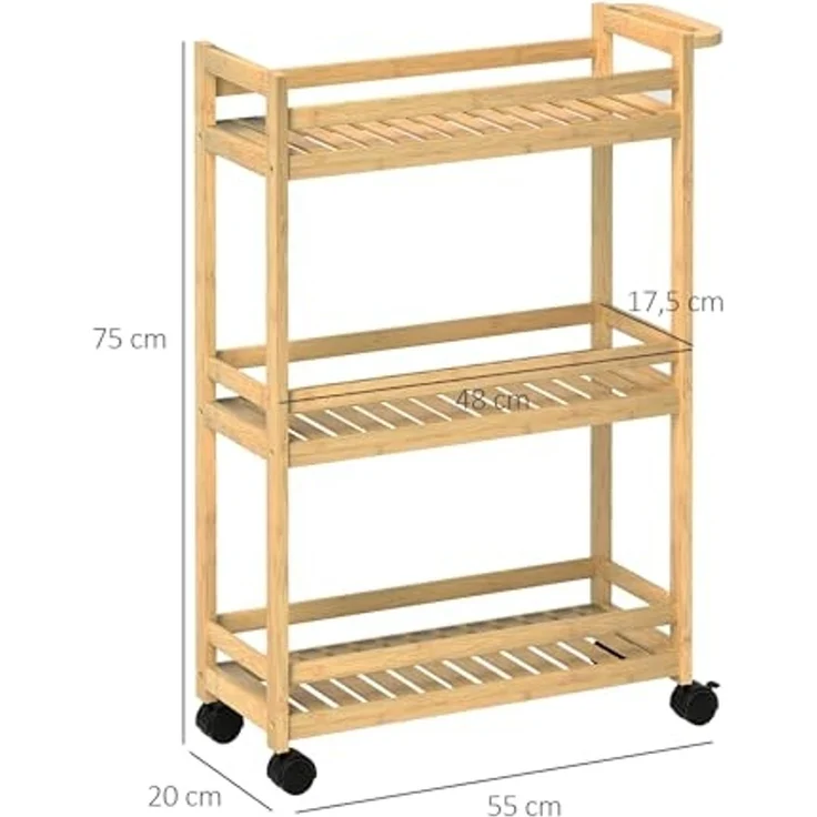HOMCOM Servierwagen 3-stöckig, aus Bambus, mit Rolle, Griff, (Aufbewahrungswagen, 1 St, Küchenwagen), für Büro, Wohnzimmer, Küche, 55 x 20 x 75 cm, Naturholz – Bild 7