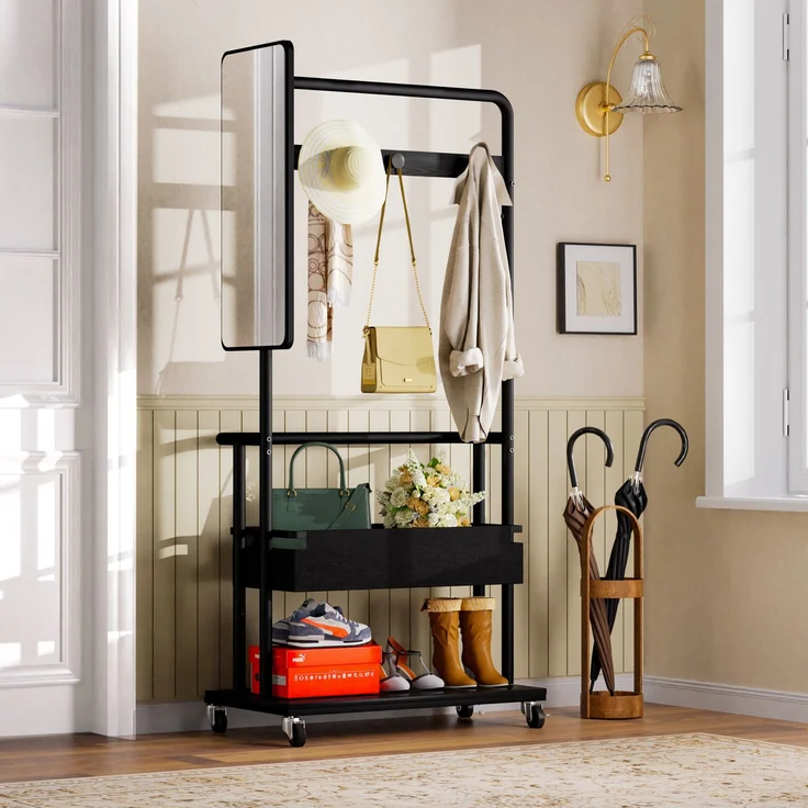 Faumrta Robuster Kleiderständer aus Metall mit Rollen, 3-in-1-Design mit Korb und Spiegel, Kleiderbügel, mobiler Kleiderständer mit Rollen, geräumiger Garderobenständer, Schwarz, 70*40*170cm70CM*40CM*170CMSchwarzParticle Board,Steel – Bild 4